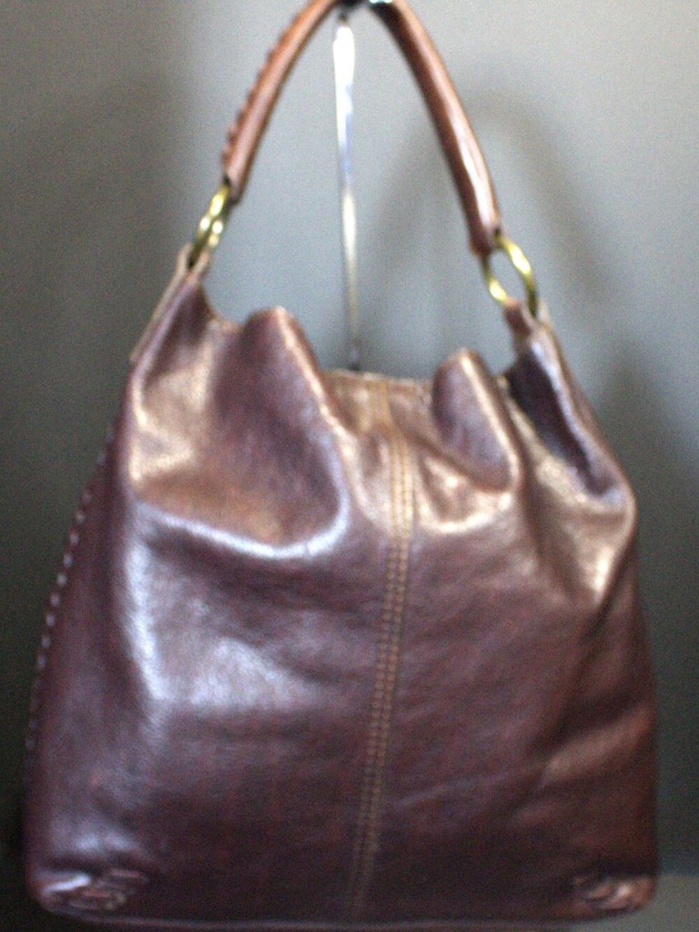Lucky Brand, Chocolate Brown Leather Hobo with Whip Stitching, Gold Hardware